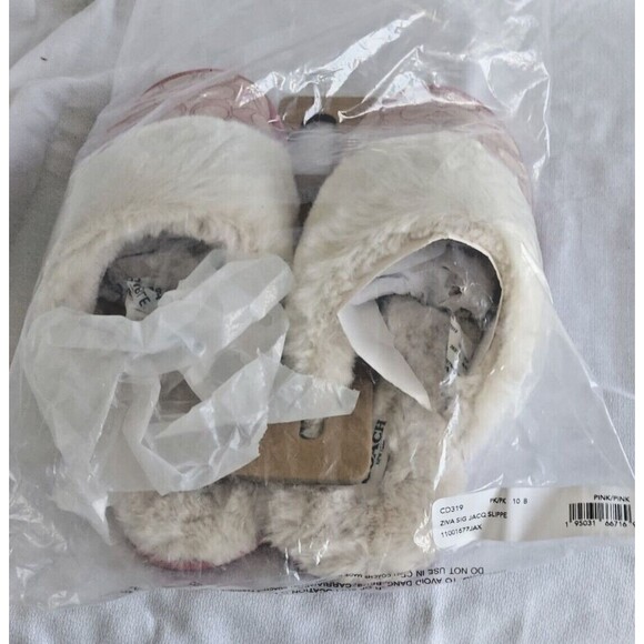 Coach Ziva Slippers Signature Jacquard Faux Fur Size 10B Pink NWT - Picture 7 of 8